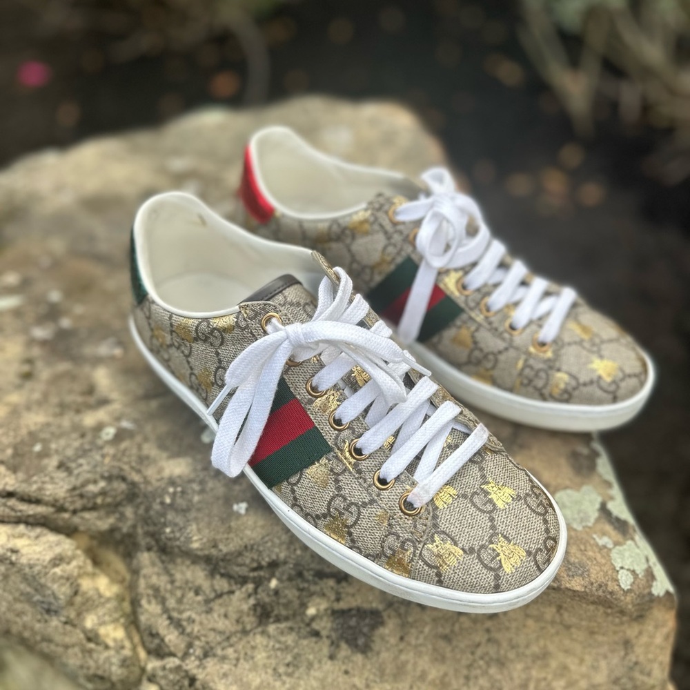 Gucci Beige Monogram Sneakers with Red and Green Accents